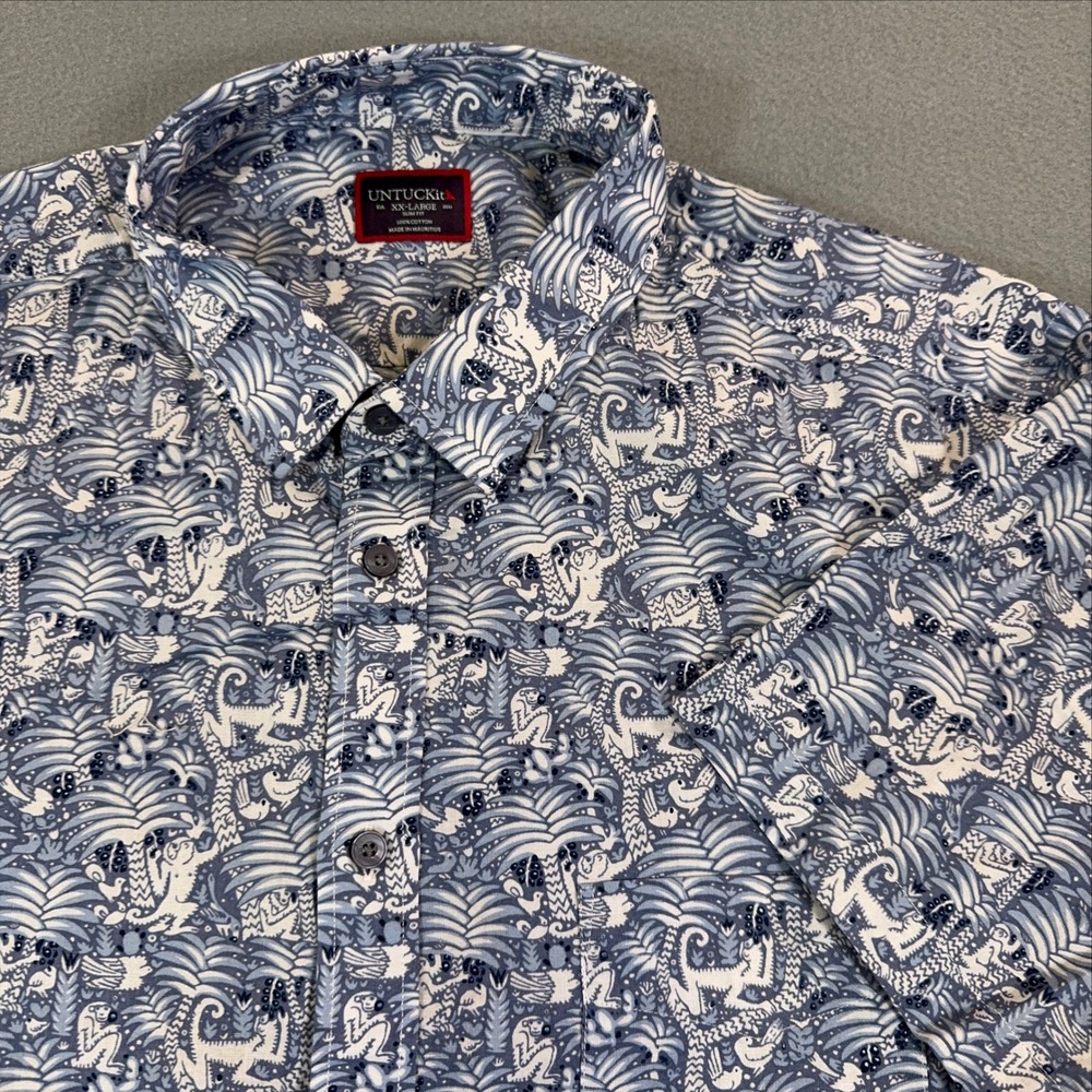 UNTUCKit Mens XXL Slim Fit Blue White Monkey Jungle Print Cotton Button Down